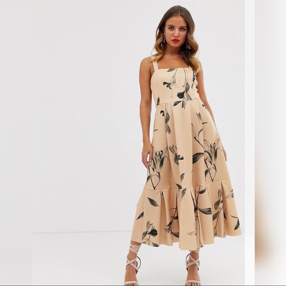 ASOS tan and black midi dress